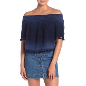 Michael Stars Off Shoulder Tassel Trim Ombre Navy Blue Smocked Top